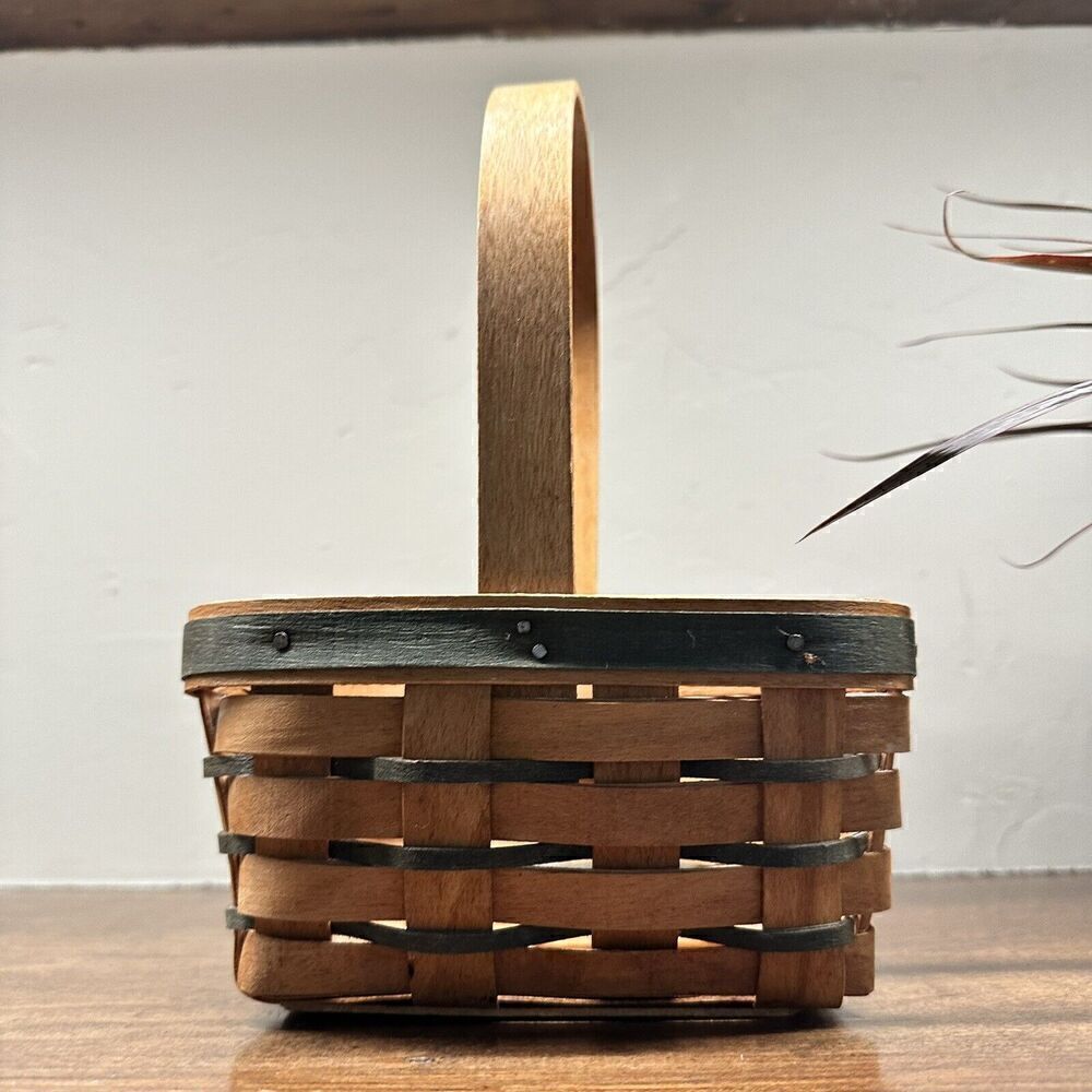 Vintage LONGABERGER 1993 Small Basket Dark Slats Green And Tan